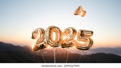 The number "2025" made from golden balloons flying in blue sky with clouds,New year 2025,start,Business target,growth,strategy,New life,achieving goals,success,career path,startup 2025,change concept - Powered by Shutterstock