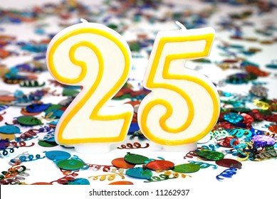 Number 25 Celebration Candle With Confetti.