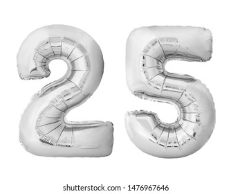 Number 25 twenty five made of silver inflatable balloons isolated on white background. Silver chrome helium balloons forming 25 twenty five number