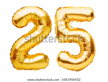 Number 25 twenty five made of golden inflatable balloons isolated on white. Helium balloons, gold foil numbers. Party decoration, anniversary sign for holidays, celebration, birthday, carnival