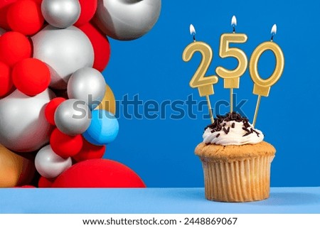 Number 250 birthday candle - Anniversary card with balloons