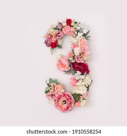 Number 3 Made Of Real Natural Flowers And Leaves. Flower Font Concept. Unique Collection Of Letters And Numbers. Spring, Summer And Valentines Creative Idea.