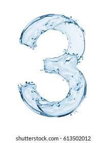 Number 3 made with a splashes of water isolated on white background 