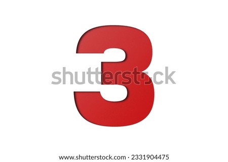 Number 3 red paper font style isolated on white background.