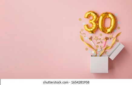 Number 30 birthday balloon celebration gift box lay flat explosion - Shutterstock ID 1654281958