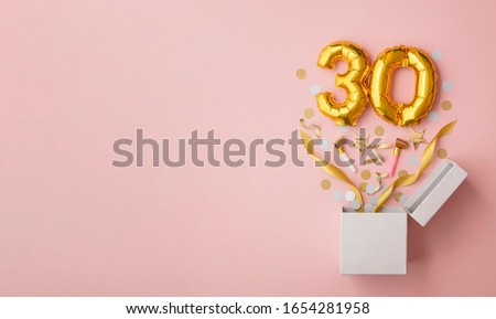 Number 30 birthday balloon celebration gift box lay flat explosion