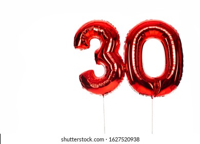 Number 30 Red Balloons Isolated On White