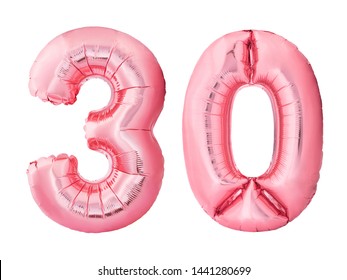 Number 30 thirty made of rose gold inflatable balloons isolated on white background. Pink helium balloons forming 30 thirty number. Discount and sale or birthday concept - Shutterstock ID 1441280699