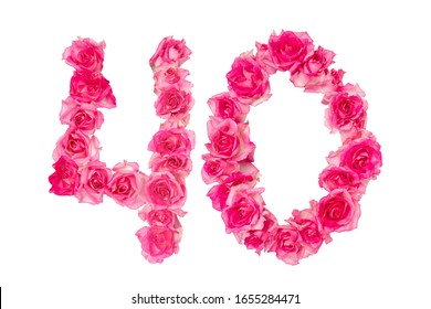 Number 40 made from roses on a white isolated background. Pink roses. Element for decoration. Anniversary, holiday.