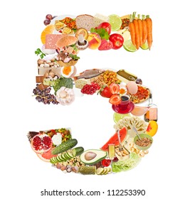 Number 5 made of food isolated on white background