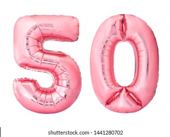 Number 50 fifty made of rose gold inflatable balloons isolated on white background. Pink helium balloons forming 50 fifty number. Discount and sale or birthday concept - Shutterstock ID 1441280702