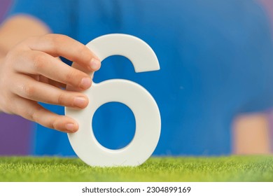 Number 6 in hand. A hand holds a white number six on green grass and a purple background, six percent per annum. Swedish Constitution Day. July 6th.