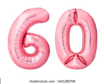 Number 60 sixty made of rose gold inflatable balloons isolated on white background. Pink helium balloons forming 60 sixty number. Discount and sale or birthday concept - Shutterstock ID 1441280708