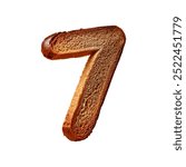 Number 7, one cut piece of rye bread floats in the air, 3d number text in the shape of bread render, isolated white background