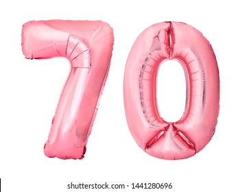 Number 70 seventy made of rose gold inflatable balloons isolated on white background. Pink helium balloons forming 70 seventy number. Discount and sale or birthday concept - Shutterstock ID 1441280696
