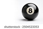 number 8 eight ball, the black ball, used in pool billiard games and is the last one to be sunk to win the game. Also associated with luck, chance or bad luck. isolated on white background