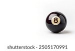 number 8 eight ball, the black ball, used in pool billiard games and is the last one to be sunk to win the game. Also associated with luck, chance or bad luck. isolated on white background