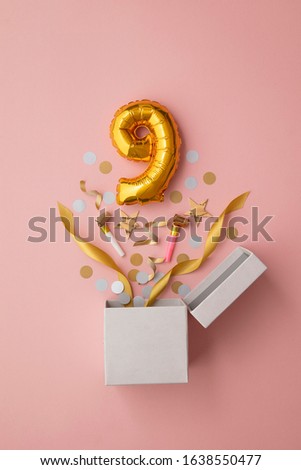 Number 9 birthday balloon celebration gift box lay flat explosion