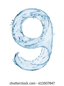 Number 9 made with a splashes of water isolated on white background 