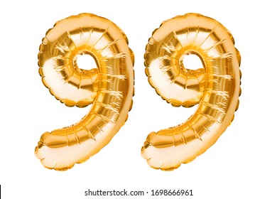 Number 99 ninety nine made of golden inflatable balloons isolated on white. Helium balloons, gold foil numbers. Party decoration, anniversary sign for holidays, celebration, birthday, carnival