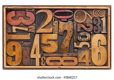 number abstract - random vintage wood letterpress prinitng blocks in a wooden box isolated on white - Powered by Shutterstock