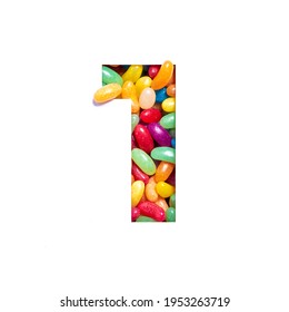 Number One Of Colourful Candies Jelly Beans And Paper Cut In Shape Of First Digit Isolated On White. Rainbow Typeface