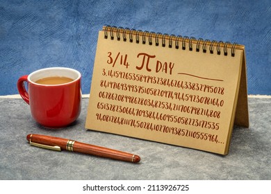 Number Pi 3.1415 With 140 Decimal Places - Handwriting In A Notebook, Mathematics And Pi Day Concept