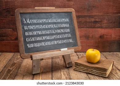 Number Pi 3.1415 With 140 Decimal Places - White Chalk Text On A Slate Blackboard, Mathematics And Pi Day Concept