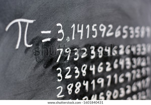 The number pi written with chalk\
on the blackboard, with its equivalence in\
numbers