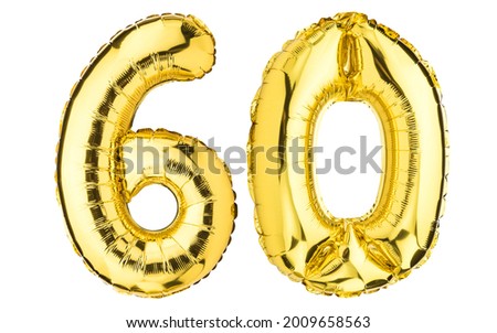 Number Sixty 60 balloons. Helium balloon. 60 years. Golden Yellow foil color. Birthday Party, greeting card, Sale, Advertising, Anniversary. High resolution photo. Isolated on white background.