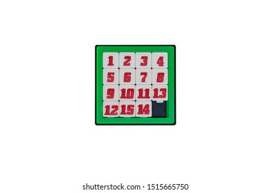 Number Slider Puzzle On White Background ,Pocket Sliding Fifteen Puzzle Game.                            