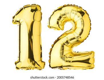 Number Twelve 12 balloons. Helium balloon. 12 years. Golden Yellow foil color. Birthday party, greeting card, Sale, Advertising, Anniversary. High resolution photo. Isolated on white background.