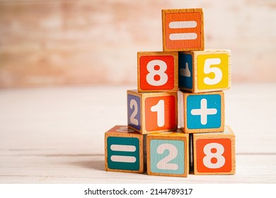 Number Wood Block Cubes For Learning Mathematic, Education Math Concept.