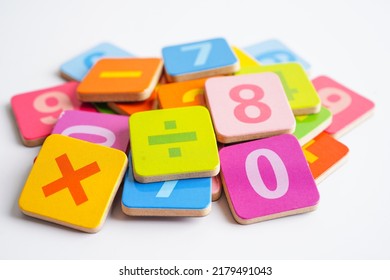 Number Wood Block Cubes For Learning Mathematic, Education Math Concept.