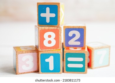 Number Wood Block Cubes For Learning Mathematic, Education Math Concept.