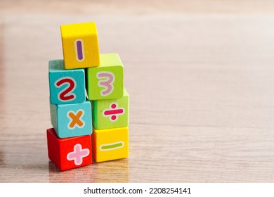 Number Wood Block Cubes For Learning Mathematic, Education Math Concept.