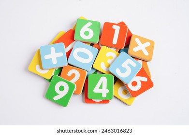 Number wood block cubes for learning Mathematic, education math concept.