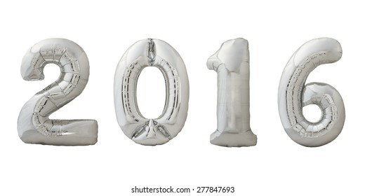 Numbers 2016 made of inflatable metallic silver air balloons isolated on white background. Christmas balloons.