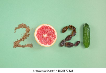 Numbers 2021 Made From Fruits And Vegetables On Green Background , Healthy Happy New Year , Diet Goals And Lifestyle