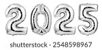 Numbers 2025 made of  silver balloons isolated on white background.New year concept