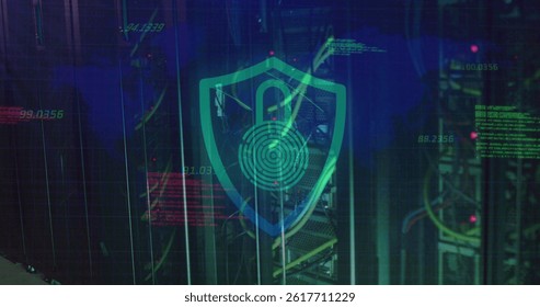 Numbers floating over security padlock and shield icon against close up of a computer server. cyber security and business data storage technology concept - Powered by Shutterstock - Get 15% off with code: PIKWIZARD15