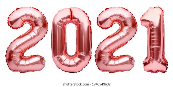 Numbers For Happy New Year 2021. Rose Golden Christmas 2021 Balloons Isolated On White Background. Helium Balloons, Pink Gold Foil Numbers. Party Decoration, Anniversary, Celebration, Carnival