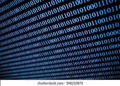 Numbers on computer screen. Binary code. Closeup photography with visible pixels.