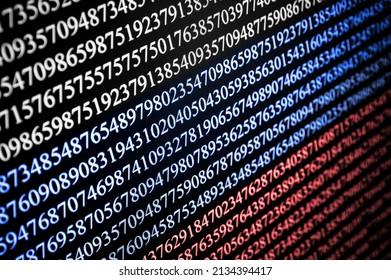 Numbers On Computer Screen. Macro Photography With Visible Pixels. Binary Code. Russian Flag Color Background.  Hackers Texture. Cyber War Background.