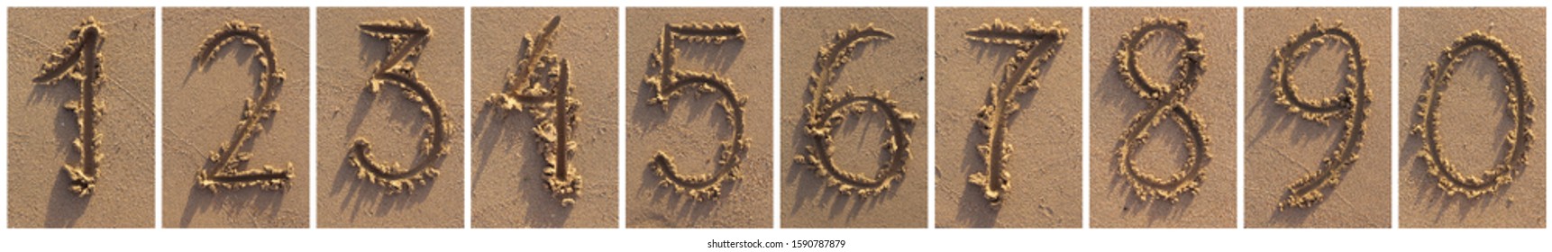 Numbers one to zero written on a sandy beach. Handwritten characters collection.