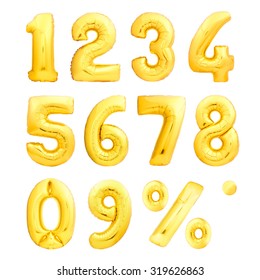 Numbers Set And Percent Sing Made Of Golden Inflatable Balloons