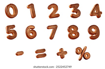 Numbers and signs, one cut piece of rye bread floats in the air, 3d number text in the shape of bread render, isolated white background