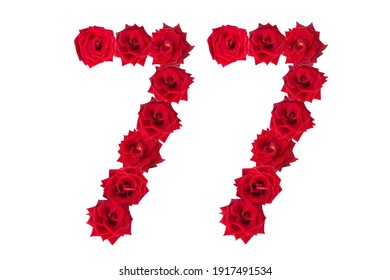 Numeral 77 made of red roses on a white isolated background. Red roses. Element for decoration. seventy seven