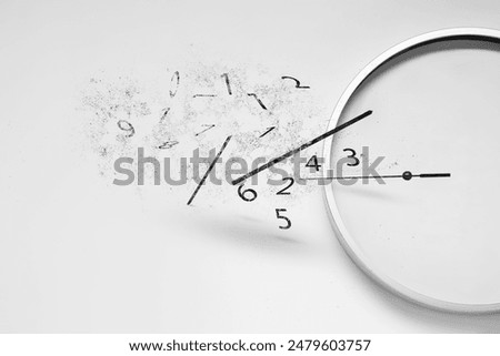 Numerals and hands flying away from clock on white background. Time is running out