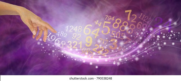 Numerology Is Far More Than Just NUMBERS - Female Hand Appearing To Create A Swish Of Sparkles And A Flow Of Random Numbers On A Pink Purple Energy Formation Background